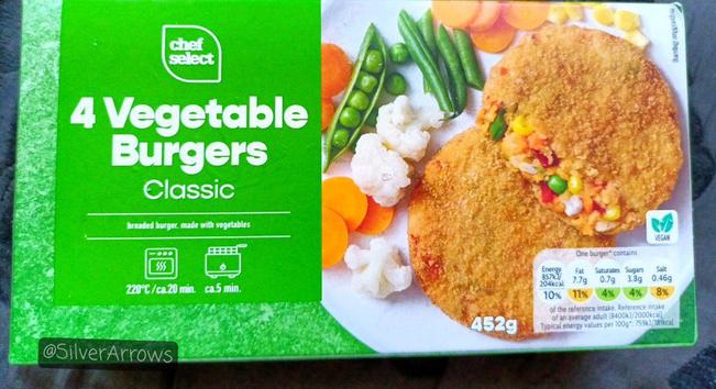 Lidl Chef Select brand
4 vegetable burgers
Classic

Green packaging with a photo of two cooked burgers on the right served with veg