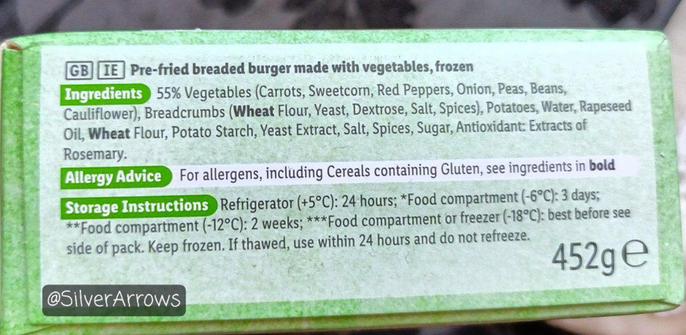Ingredients showing the burgers are made with carrots, sweetcorn, red peppers, onion, peas, beans, cauliflower, coated in seasoned  breadcrumbs