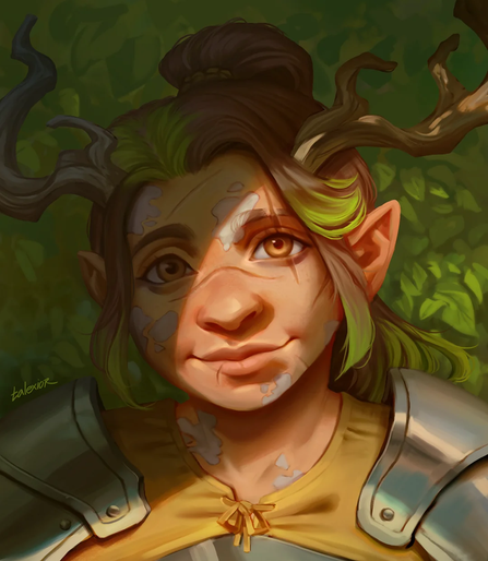 The image depicts a character with a fantasy-inspired appearance. The character has pointed ears and a hairstyle that includes a bun with branches protruding from the top, suggesting a connection to nature. The hair is a mix of brown and green, with some strands dyed green, enhancing the natural theme. The character's face has patches of white, possibly indicating scars or paint, and they are wearing a yellow garment with a bow at the neck, complemented by metallic shoulder armor. The background is a blurred green, resembling foliage, which reinforces the character's connection to the forest. The character's expression is neutral, and they are looking directly at the viewer. The artist's signature, "talexior," is visible in the bottom left corner.