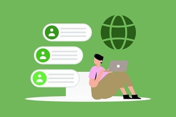 A drawing of a person with a laptop with a green background.