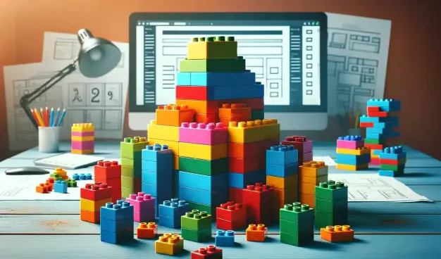 Multi-colored lego blocks in front of a computer.