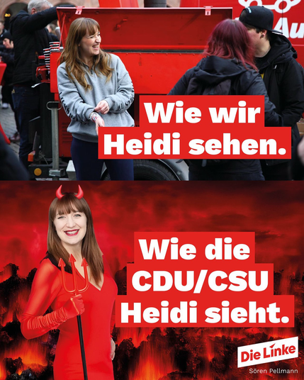 MEME mit Heidi: oben, wie wir Heidi sehen. Unten, wie CDU/CSU Heidi sehen.