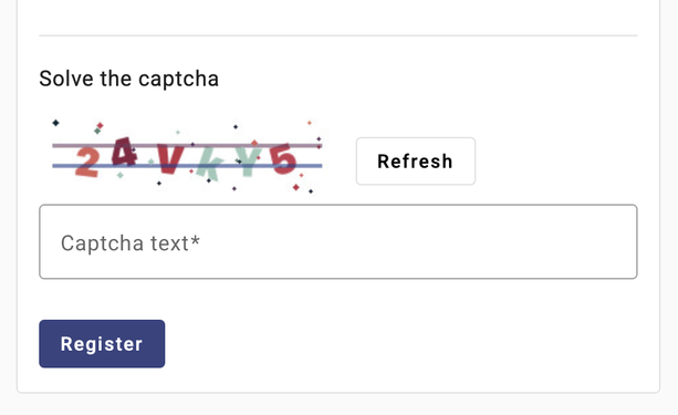 Screenshot from Registration page from Vernissage. There is an image with Captcha visible and refresh button.