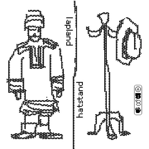 a pixelly sketch is divided down the middle by a nearly straight line. on one side a figure wearing a tunic stands with a tall patterned hat and fluffy boots, on the other, is a wooden victorian hat stand with a single fedora. a single word appears on either side: ‘lapland’ and ‘hatstand’