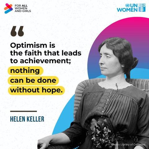 @UN_Women

Helen Keller, nacido hoy en 1880, era autora y educadora que dedicó su vida a la defensa de las personas con discapacidad.

Su legado vive por aquellos que siguen inspirada por su trabajo, demostrando que la discapacidad no es incapacidad.
