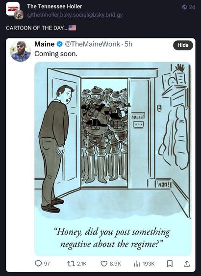 Screenshot of cartoon with man opening front door to large SWAT/ICE/Police or army all wearing masks, helmets and pointing guns.
Man says -

“Honey, did you say anything negative about the regime ?”