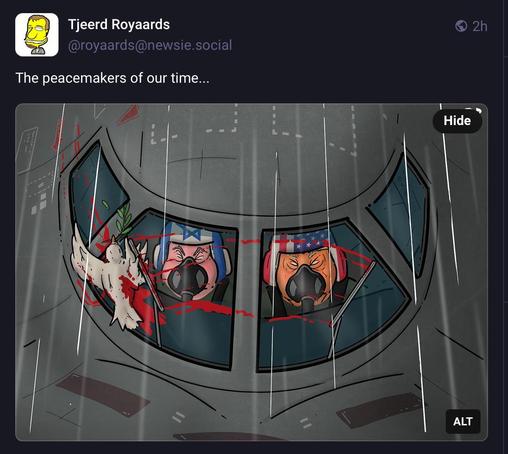 Screenshot of cartoon showing cockpit of B2 stealth bomber with 2 pilots one trump the other netanyahu with squashed and bloody dove on windscreen with words above - 
“The peacemakers of our time”