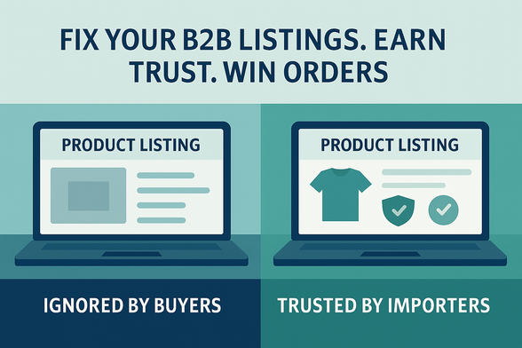 A frustrated SME business owner at a laptop, looking at a low engagement B2B product listing dashboard. In the background are icons for product listings, buyer profiles, and digital charts showing low reach. A message on screen reads: “No buyer inquiries yet?” — symbolizing missed opportunities due to unoptimized B2B listings.