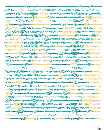 Lines consisting of little more-or-less perpendicular strokes of various angles, lengths, and hues (teals and yellows). Squint and it is some odd alien manifesto or tally. There is some correlation from across and between the lines, but also sharp discontinuities. You almost start to see a rhythm to it... and then you don't.

Colophon: several frothy noise functions drive the pattern with intentional large shifts from line to line so avoid too much line-to-line correlation.