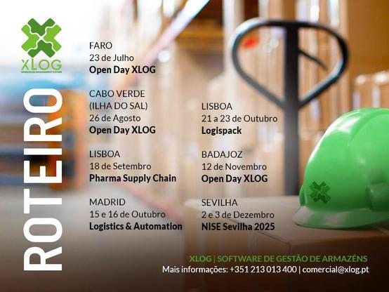 Faro – 23 julho
Cabo Verde (ilha do Sal) – 26 agosto
Lisboa – Pharma Supply Chain – 18 setembro
Madrid – Logistics & Automation – 15 e 16 outubro
Lisboa – Logispack – 21-23 outubro
Badajoz – 12 novembro
Sevilha – NISE Sevilha - 2 e 3 de dezembro