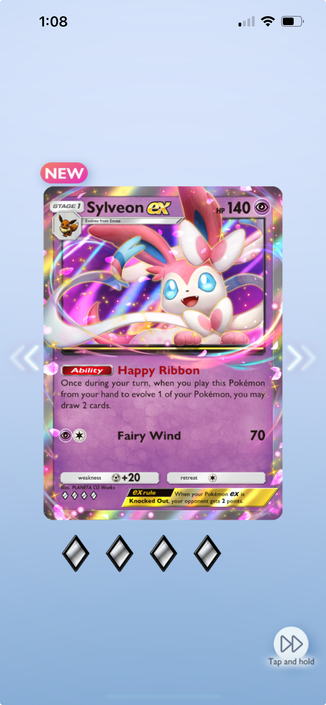 Screenshot of the mobile game Pokémon TCG Pocket showing a Sylveon EX card. The pink and white fairy-type Pokémon has 140 HP, the ability “Happy Ribbon” for drawing cards, and a “Fairy Wind” attack dealing 70 damage. The card features holographic artwork with colorful swirls and has a “NEW” label indicating it’s recently obtained.​​​​​​​​​​​​​​​​