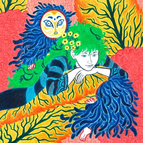 L’illustration représente une jeune femme au repos, le menton posé sur ses bras croisés, entouré d’une végétation imaginaire et colorée. Ses cheveux verts se fondent avec les feuillages qui l’environnent. Une figure à la tête ronde, portant un masque évoquant une chouette, apparaît en haut à gauche. Des algues bleues sortent de son masque, constituant son corps. Une deuxième créature se trouve en bas à droite de l’image, nous tournant le dos pour communiquer avec la jeune femme.  Ce dessin fait partie d’une série d’illustrations au format carré, encadrées et disponibles à la vente.