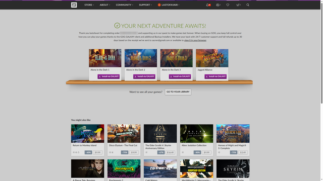 GOG.com confirmed purchase screen of Alone in the Dark trilogy and Jagged Alliance (1).