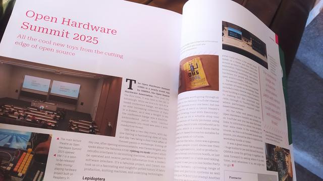 Photo of the magazine open on the Open Hardware Summit pages. 