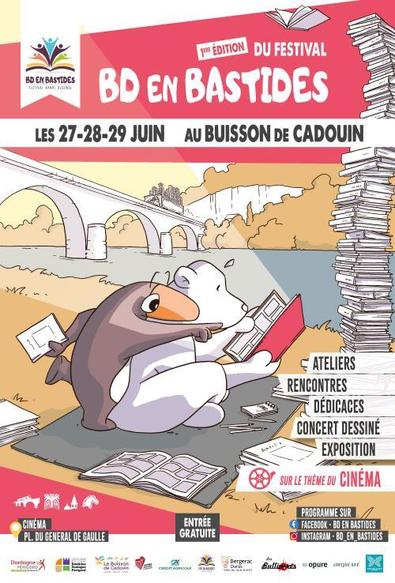 Affiche du festival BD du buisson de cadouin sur laquelle on peut voir un dessin d'un ours blanc et d'un pingouin en train de lire une BD.
On y trouv aussi les infos suivantes:
Lieu : Cinéma Lux Louis Delluc
Adresse : Place du général de Gaulle
Horaires : 10h à 17h00
Organisation : Association Lire et Relire, Médiathèque du Buisson de Cadouin, Cinéma Lux Louis Delluc
Prix d'entrée : Gratuit
Ateliers, rencontres, dedicaces concert dessiné, exposition