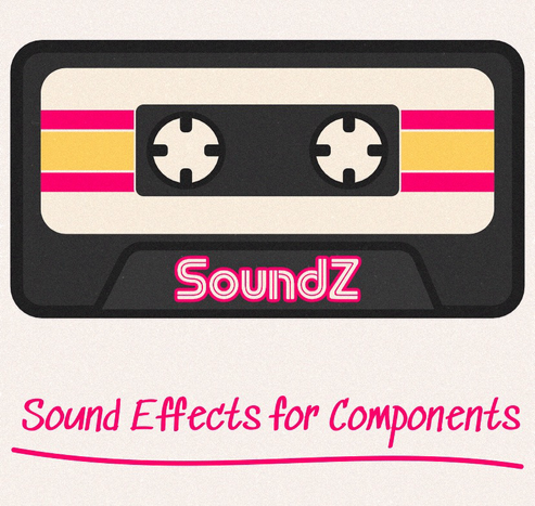 Retro Styled Cassette Tape Graphic with “Soundz” at the bottom in a retro style font with the slogan below it that says: “Sound Effects for Components”