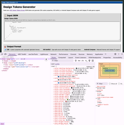 A screenshot of a web application called "Design Tokens Generator v1.0" with Chrome's developer tools open, creating a split-screen view. The top portion shows the main application interface with a light gray header containing the title and instructions, followed by a large white text input area labeled "Input JSON" that contains code defining font weight tokens with curly braces and properties like "fontWeight" with values for light and dark themes, and below that are three radio button options for output format with "CSS" currently selected, "iOS SwiftUI" and "Android Compose" as alternatives. The bottom half displays Chrome's Developer Tools panel split into two sections: the left side shows HTML source code in a dark theme with white text and colored syntax highlighting, while the right side contains a CSS styles panel with a long scrollable list of CSS custom properties that all begin with double dashes (like --color-desktop-background, --color-surface-primary) using oklch color values with specific numeric parameters covering colors, spacing, and font sizes, plus a small visual box model diagram in the upper right showing padding and dimensions of 1280x1157.48 pixels, indicating this tool converts design token JSON input into usable CSS variables for web development.