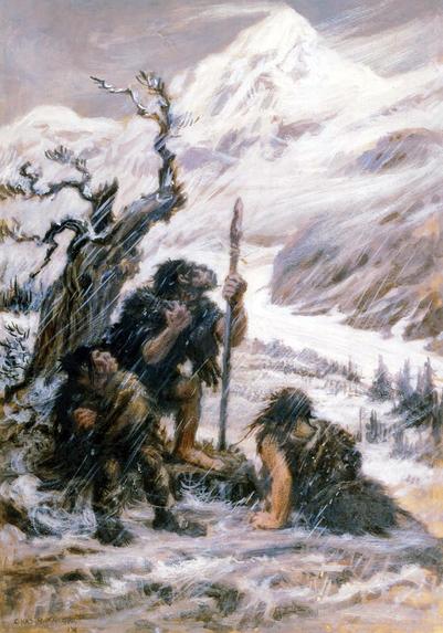 Photo of a Painting: Showing 3 Neanderthal males in a light snowfall scene, gathered under a dead and barren and leafless tree at the foothills of snow covered mountains in the background; each clutching their spears and trying to brace themselves from the cold.

Painter: Charles R. Knight

Snowbound, Oil on canvas, 26 x 20 in. On extended loan to the Staten Island Museum, New York City

Dated: 1911

Found on Wikipedia, under the Public Domain.