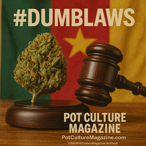 A cannabis bud sits atop a judge’s gavel block beside the gavel itself, with the national flag of Cameroon in the background. Bold text at the top reads “#DUMBLAWS,” and at the bottom, the image features the Pot Culture Magazine logo, website (PotCultureMagazine.com), and copyright ©2025PotCultureMagazine/ArtDept. The image critiques Cameroon’s harsh cannabis laws in a dramatic courtroom-themed composition.