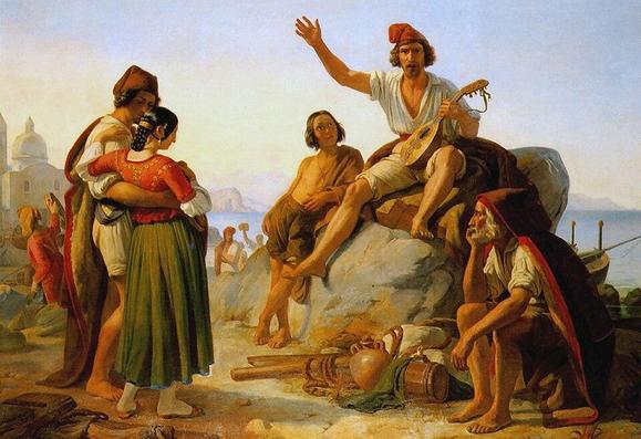 A group of people listening to a story teller seated on a large rock on a beach. The story teller holds a lute in one hand and has the other outstretched to emphasise a point. He is wearing rolled up trousers, an open shirt and a drooping red cap and has brown hair and beard. The listeners are an old bored-looking man, a young man and a couple. Image from Wikimedia Commons.