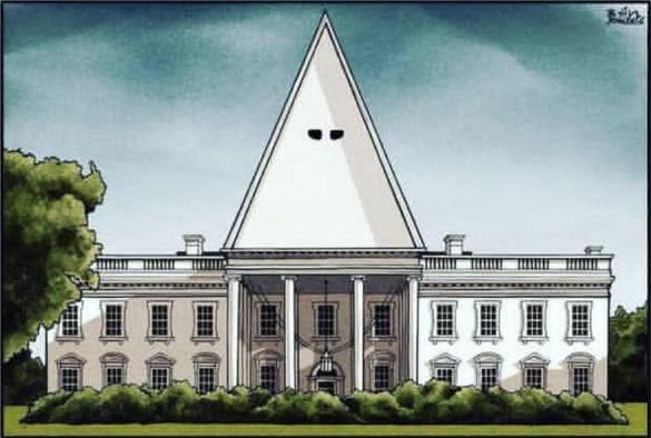 Dessin satirique représentant la Maison Blanche dont le toit a été transformé en une capuche de Ku Klux Klan, avec deux trous noirs pour les yeux, suggérant une critique de la présence ou de l’influence du racisme institutionnel aux États-Unis.