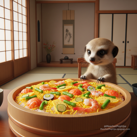 これはAI生成画像です。画像は、日本の伝統的な和室で、大きな木製の桶に入ったちらし寿司を覗き込むミーアキャットを描いています。ミーアキャットはテーブルの向こう側に座っており、ちらし寿司にはエビ、卵、キュウリ、サーモン、海苔などが美しく盛り付けられています。部屋の背景には障子や掛け軸が見え、和風の穏やかな雰囲気が漂っています。

This is an AI-generated image. The image depicts a meerkat peering into a large wooden bowl of chirashi sushi in a traditional Japanese-style room. The meerkat is seated on the far side of the table, and the chirashi sushi is beautifully arranged with shrimp, egg, cucumber, salmon, nori, and more. Shoji screens and a hanging scroll are visible in the background of the room, creating a serene Japanese atmosphere.