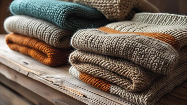 Stack of folded handwoven wool sweaters in earthy tones, placed on a rustic wooden table, showcasing thick textured yarn and detailed knitting patterns