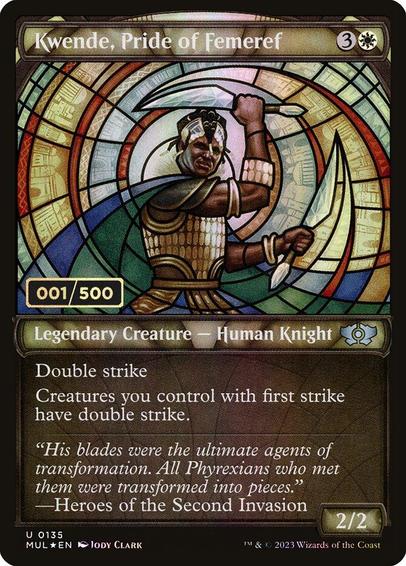 Card Name: Kwende, Pride of Femeref
Set: Multiverse Legends
Description: Double strike
Creatures you control with first strike have double strike.
Artist: Jody Clark