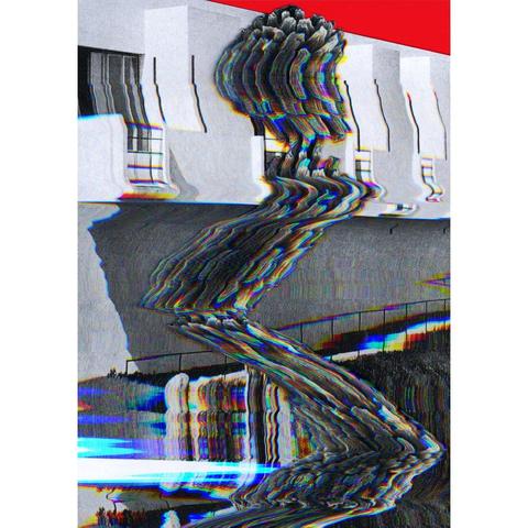 A glitched out collage scan of a menacing blob moving in front of a white plastered building under a bloodred sky.