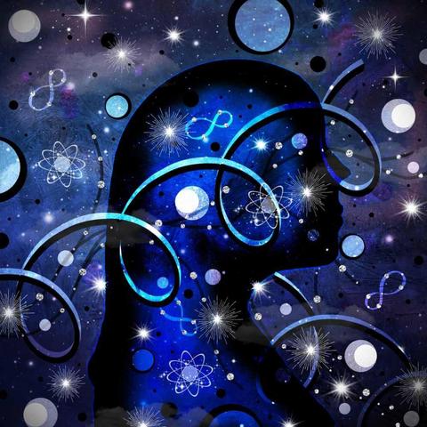 A silhouette of a person is surrounded by cosmic elements, including stars, planets, and atomic symbols, creating a futuristic and scientific theme. The color palette is dominated by rich blues and blacks, evoking a sense of mystery and exploration.