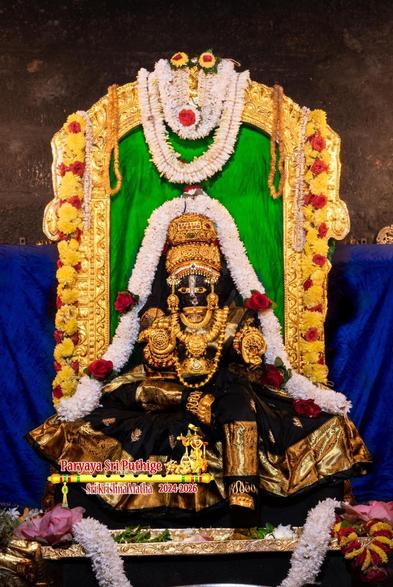 Idol of Hindu deity Krishna dressed in black ("burnt eggplant”, “deep aubergine") seated with right leg folded flat with the bottom of the right foot touching the left knee and the left leg down such that the left foot hangs over a gold-covered slab. The black saree has a broad gold embroidered border, is neatly pleated and draped over the legs and the seat to show off the motifs on the saree.

Krishna wears gold shoes, a gold crown, and lots of gold jewels; and holds open gold-covered palms in a blessing pose. A thick string of white flowers goes up from the left edge of the seat, over the crown, and down on the other side to the right edge of the seat. A similar flower string hangs on the gold slab in U shape in front of Krishna.

A gold arch around Krishna, going well over the crown. A thick string of yellow flowers (with some red roses between) hang from either sides of the arch. Thinner strings of white flowers hang at the top middle of the arch in U shape.

Green cloth background fills the inside of the arch. Blue cloth background behind the arch.