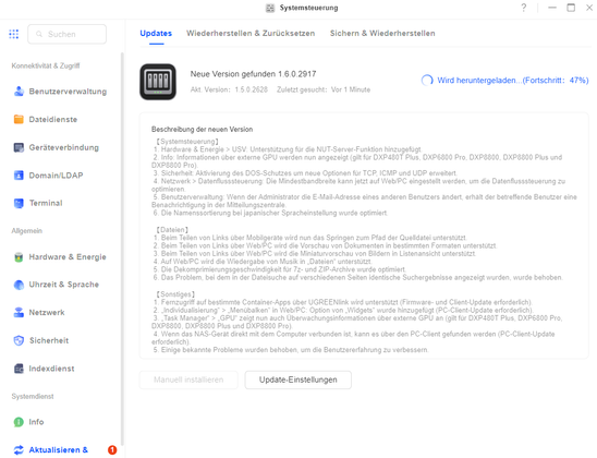 Das bild zeigt das Changelog zu einem neuen Systemupdate für ein UGREEN NAS.
