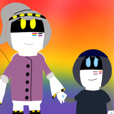 Drawing of D and Minerva holding hands and both looking each other lovingly and with a smile.  They both have pride flags painted on their cheeks which are pan and asexual flag for D and demigirl and lesbian flag for Minerva. The background is in rainbow flag's colors