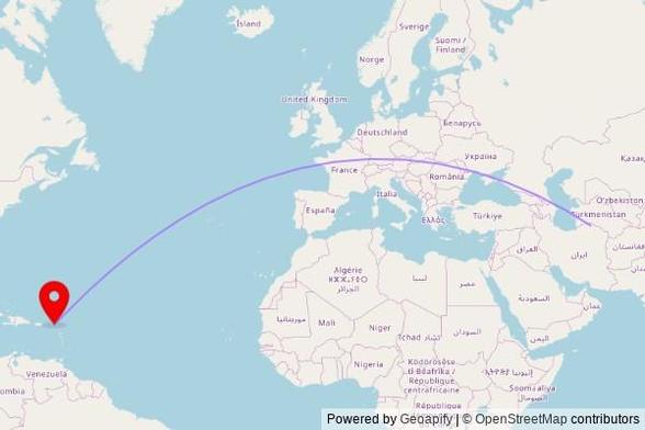 A map showing the great circle route from Bojnord in Iran to a map pin at St Maarten Islamic Center, Puma Road 26, Philipsburg, Sint Maarten
