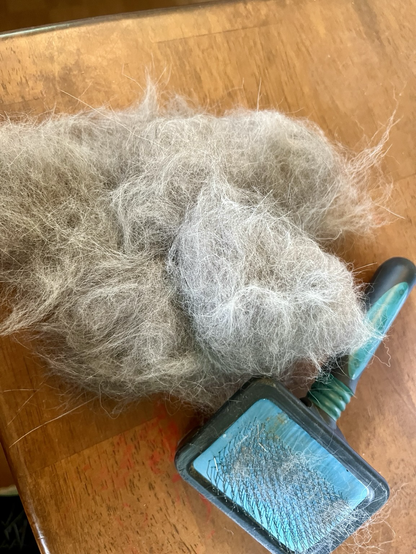 Photo of a large batch of gray and black and white fur that a large dog has shed. Next to the fur pile is a dog brush.