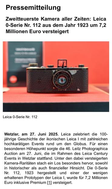 Pressemitteilung zu einer Versteigerung einer Leica der 0-Serie. 