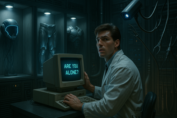 AI-generated image, a worried man in a dark supercomputer lab, cyborg armor in display cases, metal claws behind him, a CRT screen: "Are you alone?"