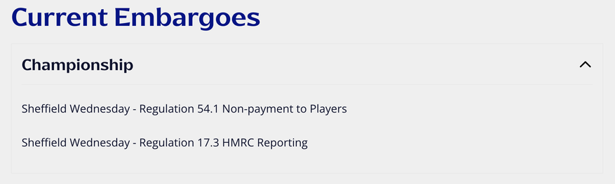 An announcement on the EFL website stating "Current Embargoes" and listing Sheffield Wednesday who have been sanctioned under regulations relating to non-payment of players and HMRC reporting.