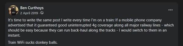 Facebook post with me calling for uninterrupted mobile coverage on major railway lines in 2019