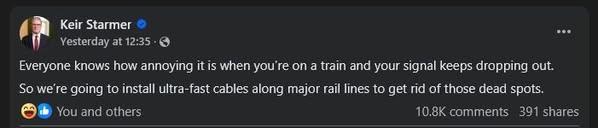 Facebook post with Keir Starmer announcing uninterrupted mobile coverage on major railway lines in 2025