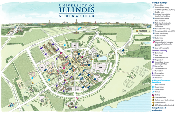 Illustrated map of the University of Illinois Springfield campus, showing the various buildings with labels and descriptions. The city itself is visible on the horizon, with Lake Springfield just visible in the bottom right.