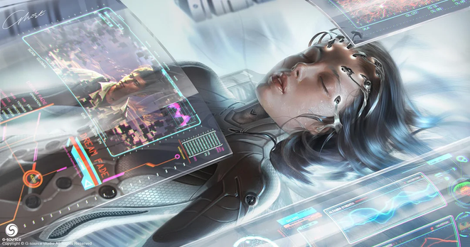 The image depicts a futuristic scene featuring a woman lying down, surrounded by advanced technology. She has long, dark hair with blue highlights and is wearing a sleek, dark outfit with a high-tech appearance. Her eyes are closed, and she appears to be in a state of rest or sleep. The woman is connected to various devices, including a headband with multiple sensors, suggesting she is undergoing some form of brain monitoring or interfacing.

Surrounding her are multiple holographic displays, which show various data and images. One prominent display shows a scene with a man and a cityscape, labeled "DREAM FADE." Other displays include graphs, charts, and other data visualizations, indicating a high level of technological sophistication. The overall color scheme is a mix of blues, grays, and whites, with vibrant neon accents, contributing to the futuristic aesthetic.

The image is rich in detail, with a focus on the advanced technology and the woman's interaction with it. The background is blurred, emphasizing the woman and the holographic displays. 