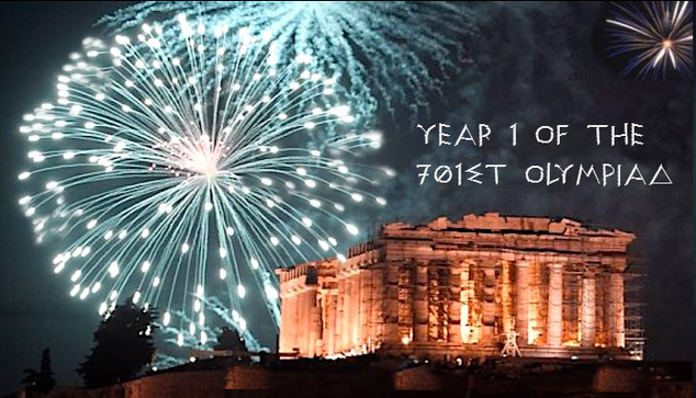 A photo of the illuminated acropolis in Athens with fireworks above it. The words "year 1 of the 701st Olympiad" are added in a white font with an emboss effect that is reminiscent of the Greek alphabet.