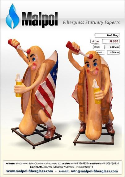 A product photo of a giant (180cm tall) fibreglass hotdog seemingly wrapped in an American flag and holding mustard in one hand (yes, it has hands) and ketchup in the other, which it is squirting onto its own hotdog head while licking its lips. The company responsible is Malpol, "fibreglass statuary experts".
