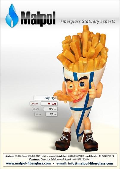 A product photo of a giant (190cm tall) fibreglass cone of chips (as in fries) but it has big booted feet and a weird face on the side of the cone, which it is shoving a chip into and giving a thumbs up. The company responsible is Malpol, "fibreglass statuary experts".