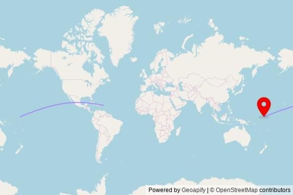 A map showing the great circle route from Philipsburg in the Netherlands to a map pin at Sacred Heart Cathedral, MSC Teaoraereke, South Tarawa, Kiribati