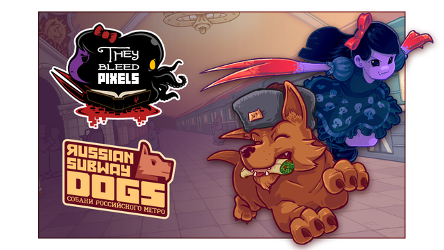 Illustration with the logos for Russian Subway Dogs and They Bleed Pixels on the left and The Clawed Girl and Subway Dog on the right. 
