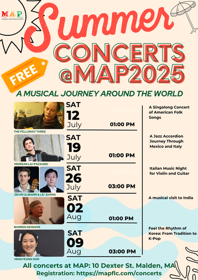 A poster that says Summer Concerts at MAP 2025. Headshots of musicians, along with dates and times of concerts are listed.