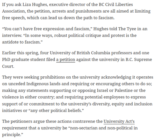 Free Speech at UBC: We’re Watching This Case Very Closely
https://thetyee.ca/News/2025/06/27/Free-Speech-UBC

* UBC profs petitioned B.C. Supreme Court to stop land acknowledgments, other ‘political’ statements
*  dangerous, says BCCLA lawyer

🇺🇲 🇬🇧 🇨🇦 #Christofascism #transgenocide
🇨🇦 #Poilievre #DanielleSmith #ScottMoe #Trumpism

🏳️‍⚧️ #TransLivesMatter
https://mastodon.social/@persagen/114186381298087870

🇨🇦 Values
https://docs.google.com/document/d/1T8eCeeVbYmsEzvvyUmoDC0KeKvjB9E57YG4AvU97RZo

Collaborate, advocate, educate, resist
#DemocraticSocialism #unionize #solidarity #justice #equality