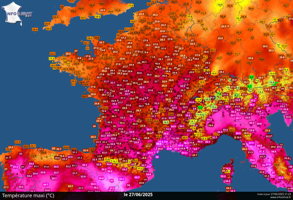 Carte des températures maximales du 27 juin, avec jusqu'à 38,8°C à Aniane, dans l'Hérault.